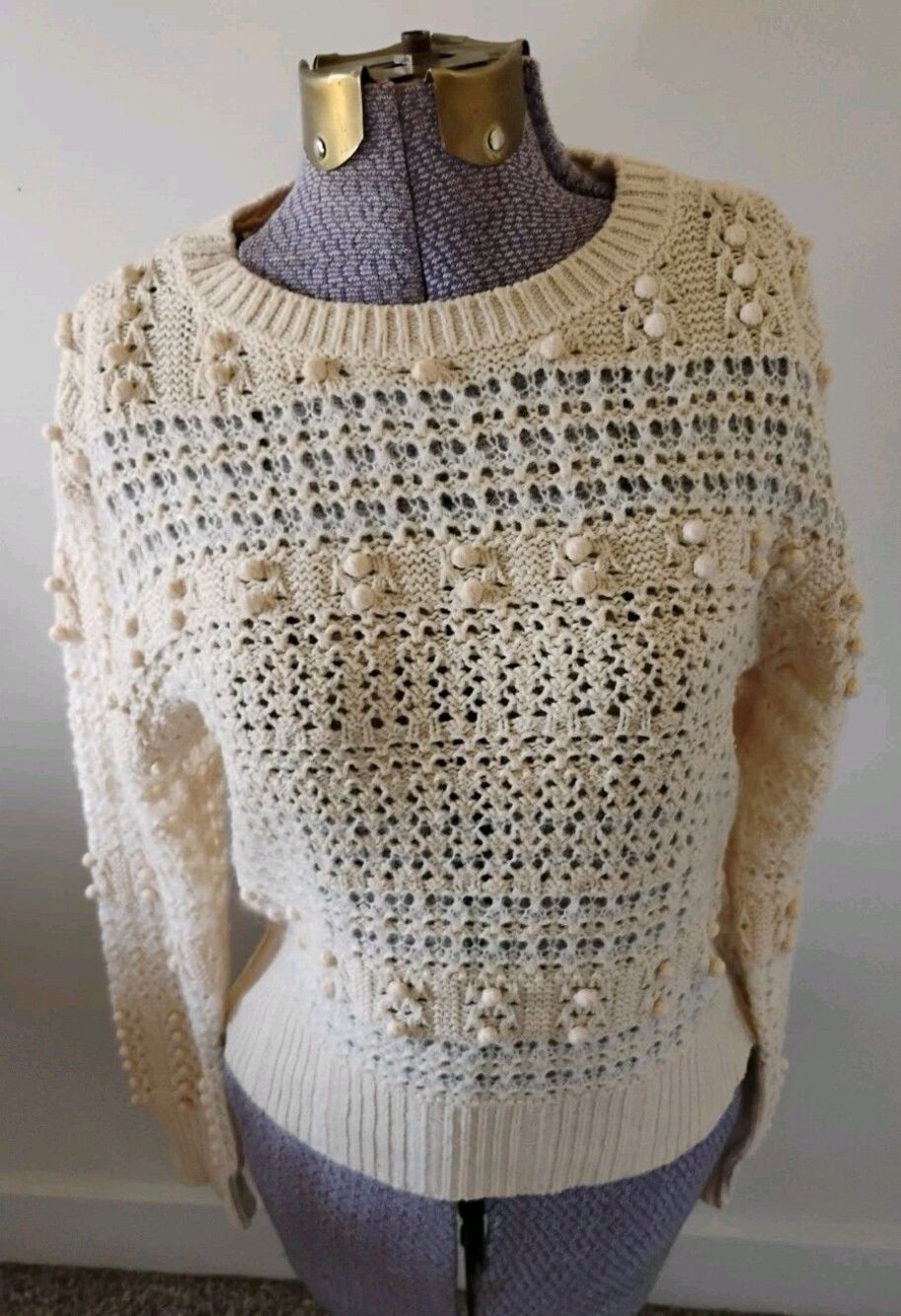 Rag & Bone Lo Crochet Sweater Off White Knotted Open Knit Crew Neck Size S EUC